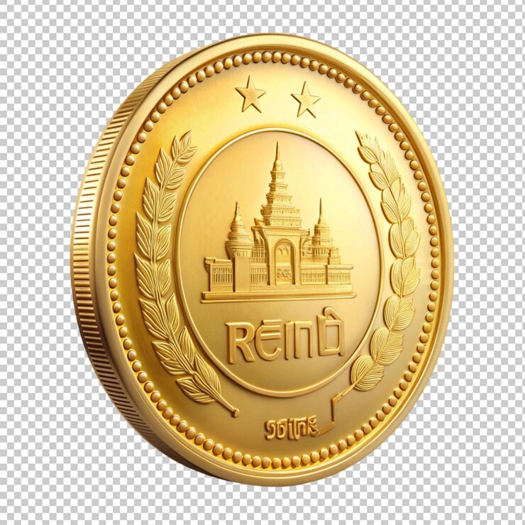 PSD de una moneda de oro con el signo de riel camboyano camboya
