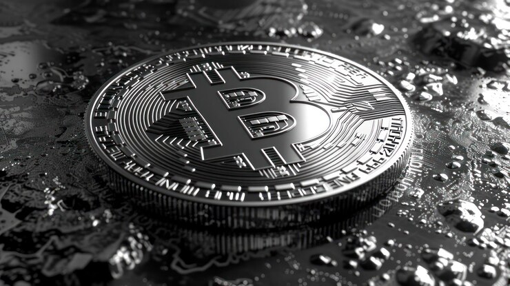 PSD una moneda de plata de bitcoin con el símbolo de bitcoin en la superficie descansando en una placa de circuito