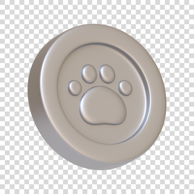 Moneda de plata con pata de gato o perro aislada sobre fondo blanco icono 3D signo y símbolo ilustración 3D