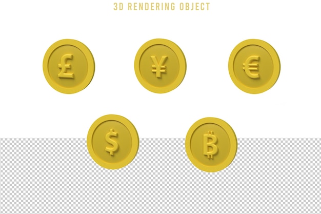 PSD moneda de renderizado de iconos 3d yuan, dólar, euro, libra esterlina y bitcoin