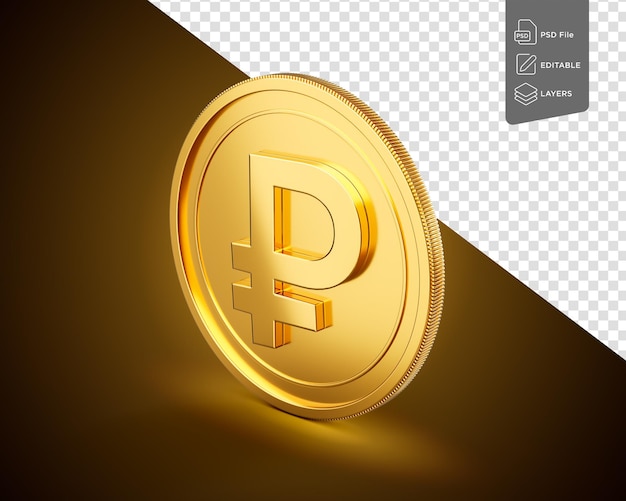 Moneda de rublo ruso redondeada de oro brillante aislada en un fondo de brillo dorado brillante Ilustración 3d