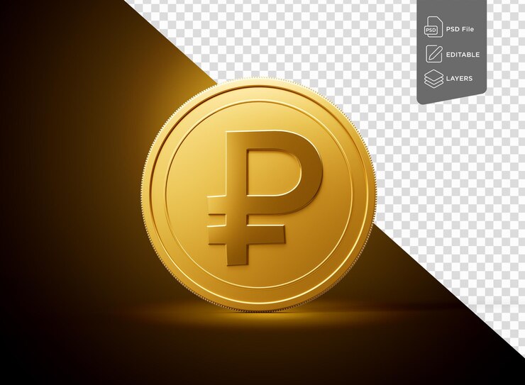 PSD moneda de rublo ruso redondeada de oro brillante aislada en un fondo de brillo dorado brillante ilustración 3d