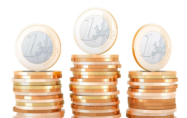 Monedas de euro con pilas de monedas de oro en 3D aisladas sobre un fondo transparente