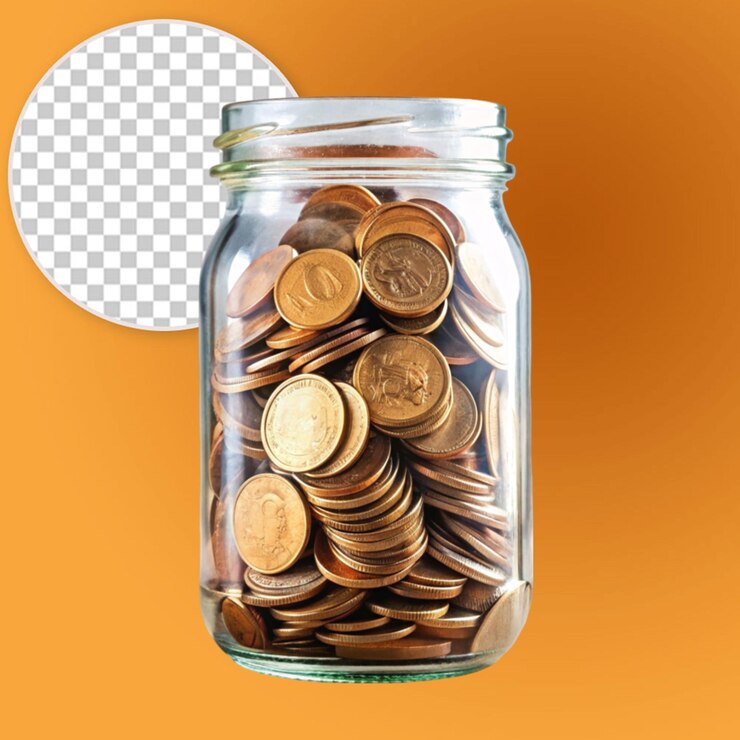 PSD monedas en frasco en la mesa