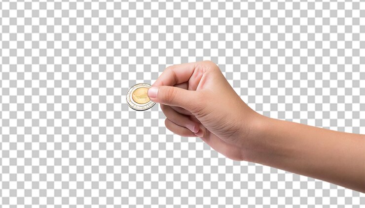 PSD monedas en manos humanas aisladas sobre un fondo transparente concepto de ahorro de dinero