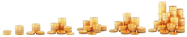 Monedas de oro diferentes pilas de monedas de oro renderización 3D aisladas en un fondo transparente