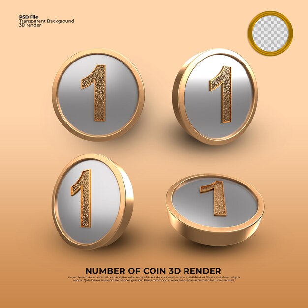 Monedas de oro número 1 3d render estilo de lujo