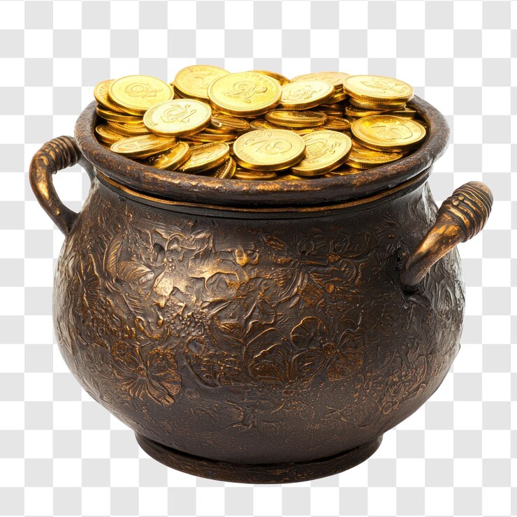 PSD monedas de oro en una olla de hierro vista frontal aislada sobre un fondo transparente