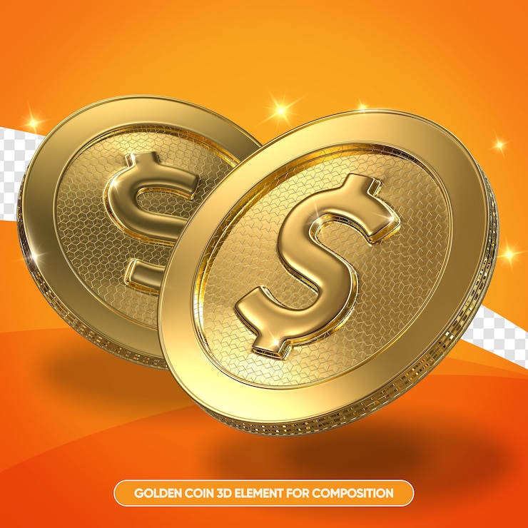 PSD monedas de oro realistas en 3d render aislado