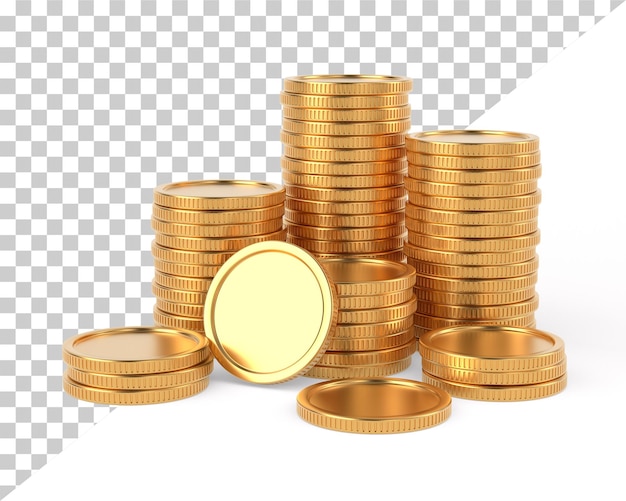 Monedas de oro sobre fondo blanco Ilustración 3D aislada