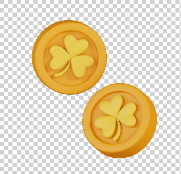 Monedas de oro con trébol trébol aislado Feliz día de San Patricio icono 3D Render ilustración