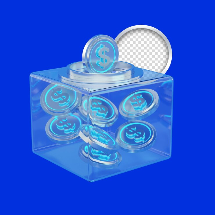 PSD monedas de plata de dólar cayendo a una caja de vidrio