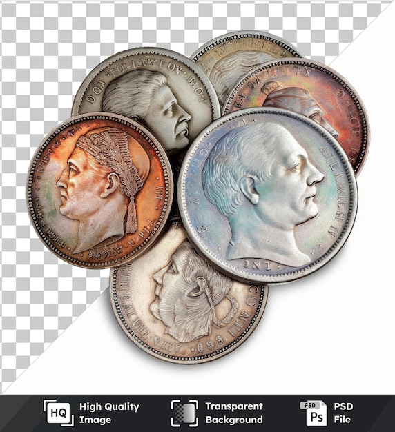 Monedas raras de numismáticos con objetos transparentes y fotográficos realistas