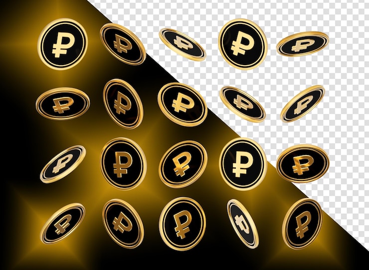 PSD monedas redondeadas de rublo ruso de oro y negras que caen aisladas sobre un fondo negro ilustración 3d