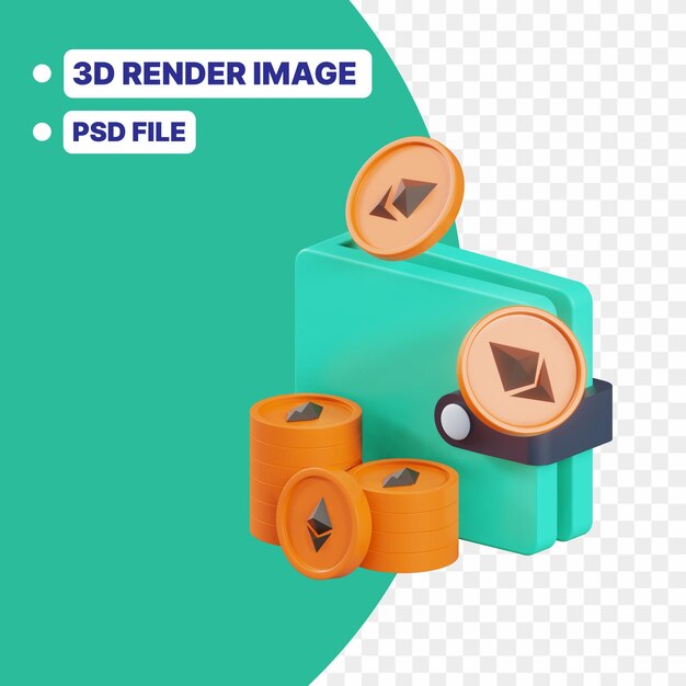 Monedero criptográfico 3d con monedas de renderizado Plantilla PSD