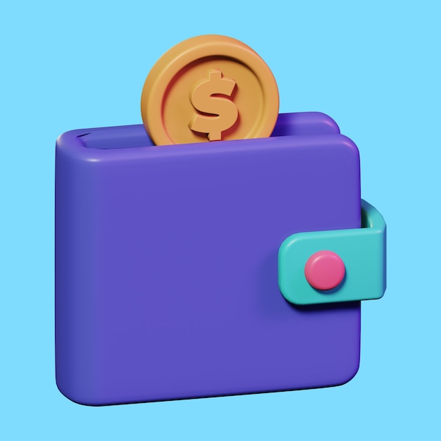 PSD monedero con moneda de dólar metida ilustración de icono 3d para el diseño de concepto de ahorro de dinero de finanzas comerciales