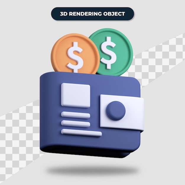 Monedero de renderizado 3D con monedas de dólar