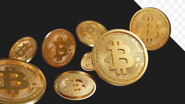 Monete Bitcoin BTC su uno sfondo trasparente nell'aria criptovalute 3D