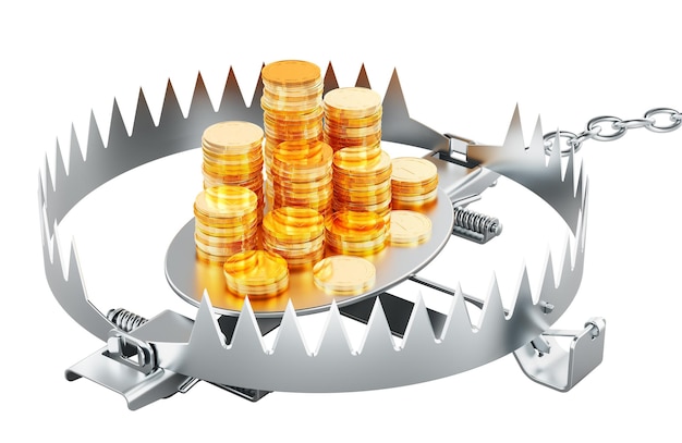 Monete d'oro all'interno della trappola per orsi Concept di trappola di credito rendering 3D isolato su sfondo trasparente