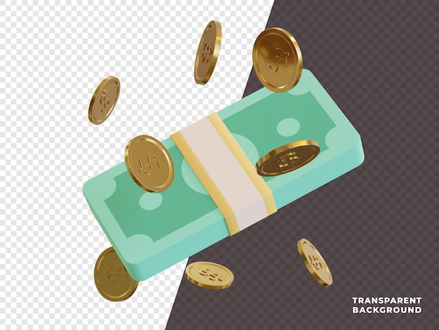 monete d'oro volanti e un fascio di dollari illustrazione 3D