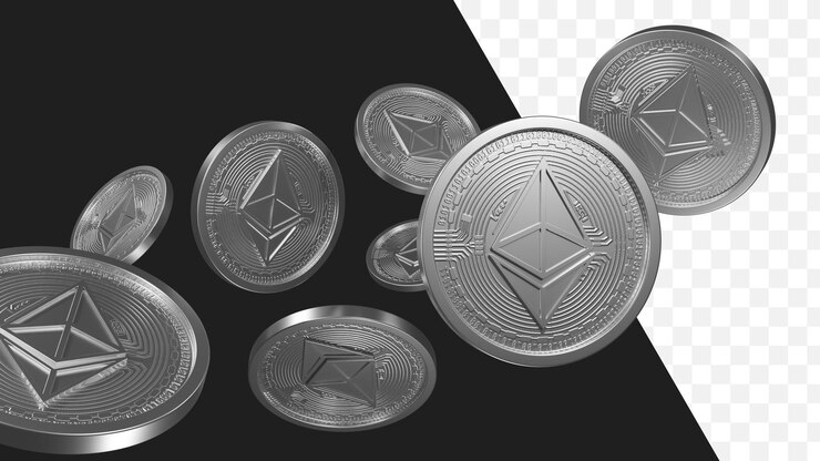 Monete PSD Ethereum 3D sullo sfondo trasparente dell'aria