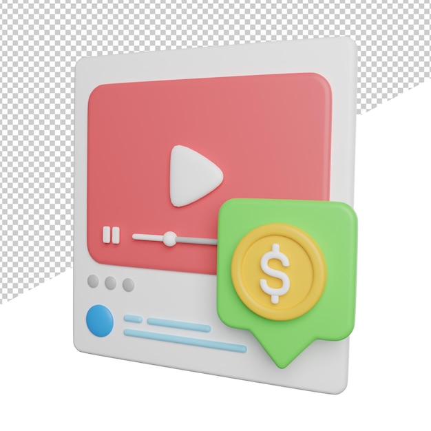 Monetizar contenido Video vista lateral 3d renderizado icono ilustración sobre fondo transparente