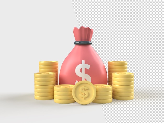 Money bag Dollari coin stack risparmio di denaro profitto investimento ricompensa concetto 3D renderingxA