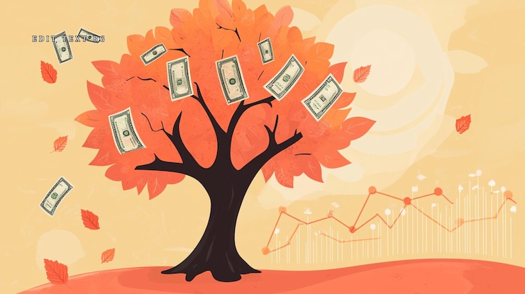 PSD money tree with falling dollar bills autumn leaves and financial growth chart