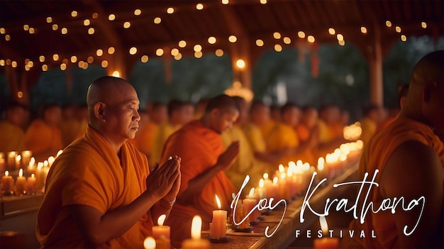 PSD monge editável em psd acendendo velas durante a celebração do festival loy krathong