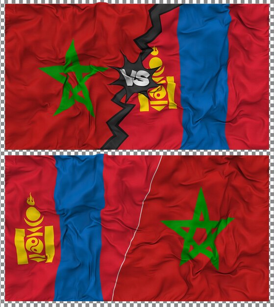 Mongolia contro il Marocco Mezz'Unione di bandiere Tessuto Bump Texture Rendering 3D
