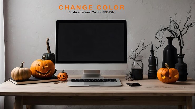 PSD un monitor de computadora con calabazas en él y un letrero que dice cambiar de color