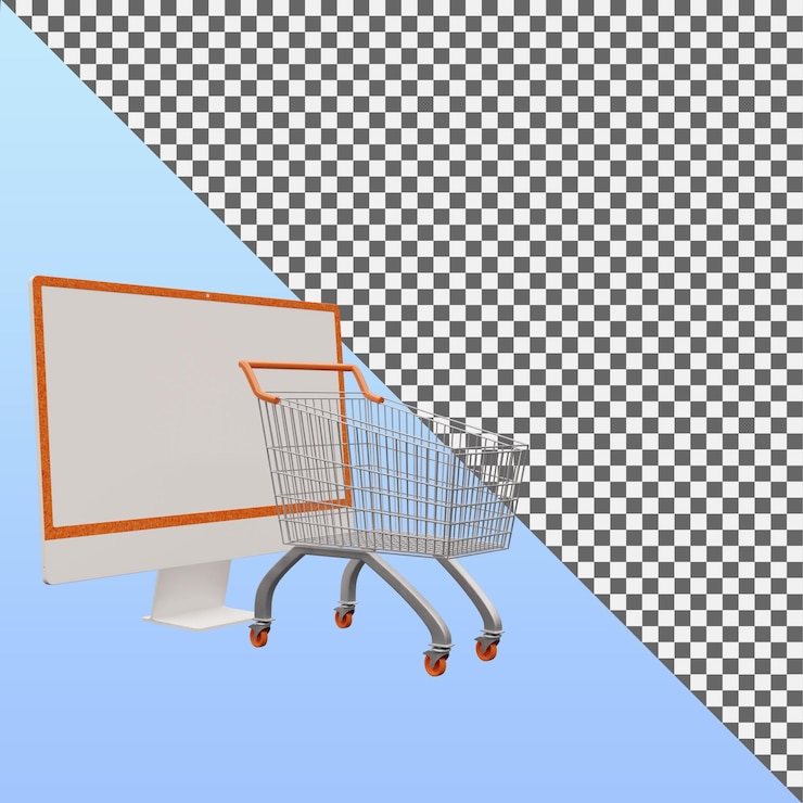PSD monitor de computadora con carrito de supermercado en render 3d