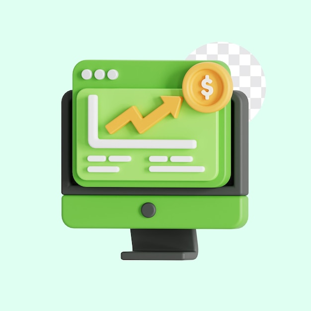 Monitor de computadora con icono 3D con gráfico contable y monedas Gráfico estadístico para la planificación