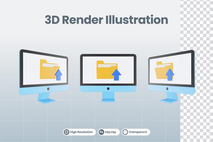 PSD monitor de computadora de ilustración de procesamiento 3d con icono de carpeta de carga aislado