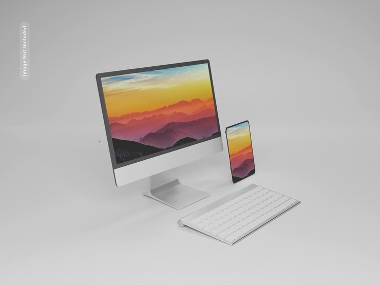 Monitor de computadora con maqueta de teclado