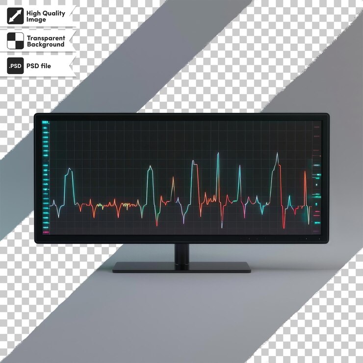 PSD un monitor de computadora con una pantalla que muestra un corazón rojo y azul y un fondo negro