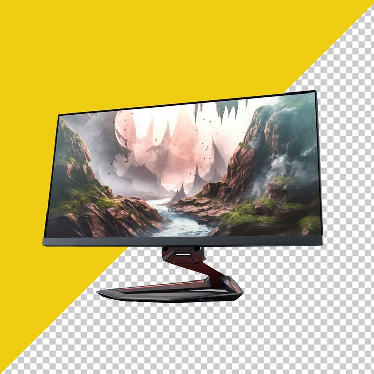 Monitor de computadora PSD con un cielo rosado en el fondo con fondo transparente