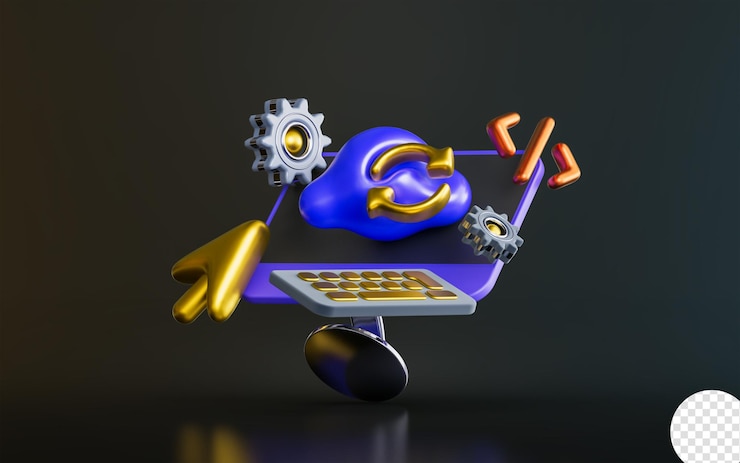 PSD monitor de computadora con signo de codificación de engranaje de cursor de mouse de teclado sobre fondo oscuro concepto de renderizado 3d