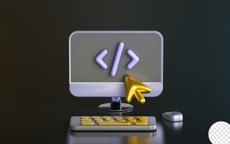 PSD monitor de computadora teclado ratón cursor codificación signo sobre fondo oscuro 3d render concepto