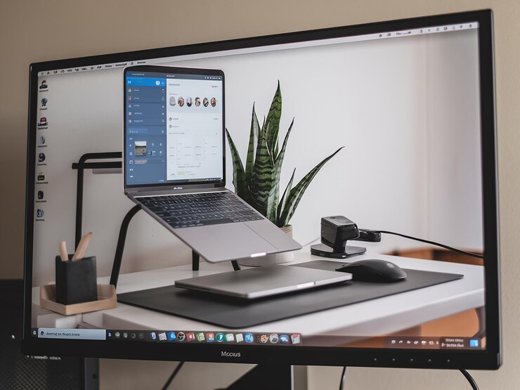 PSD un monitor de computadora con un teclado y un ratón en un escritorio