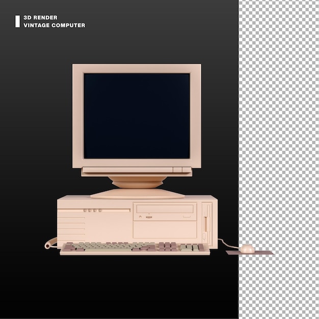 Monitor de computadora vintage 3d con cpu de mouse y teclado desde la vista frontal