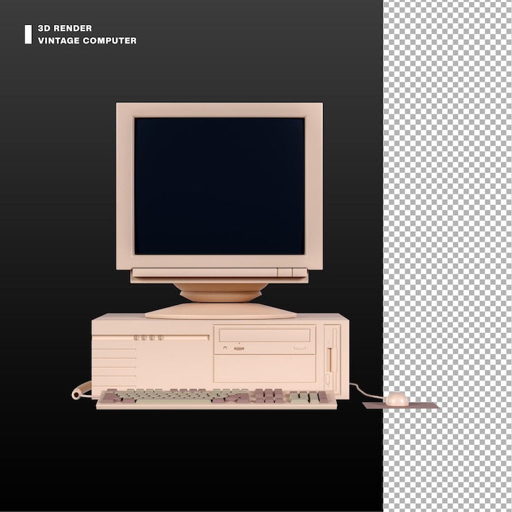 PSD monitor de computadora vintage 3d con cpu de mouse y teclado desde la vista frontal