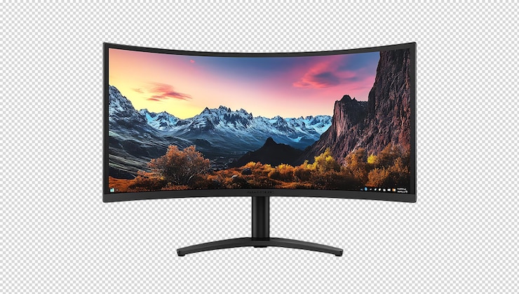 PSD un monitor curvo que muestra un paisaje de montaña