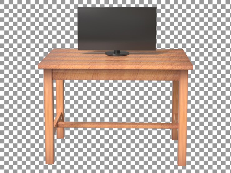 PSD monitor de computador em branco preto 3d ou tv em mesa de madeira realista