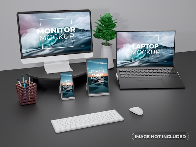 Monitor de espaço de trabalho, modelo de tela de laptop, telefone e tablet