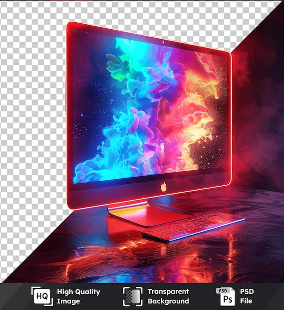 PSD monitor de imagem psd premium transparente e suporte vermelho em mesa brilhante com reflexo brilhante