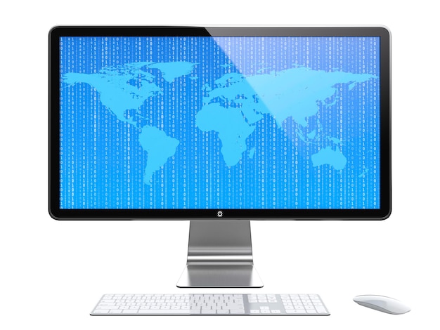 Monitor del computer con mappa del mondo e cifre volanti sullo schermo isolato su sfondo trasparente
