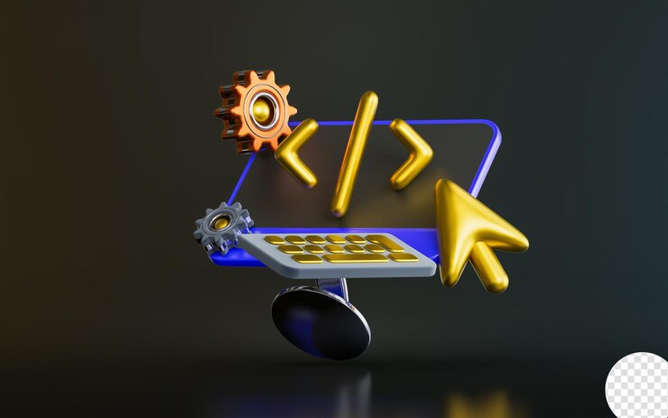 PSD monitor del computer con segno di codifica ingranaggi cursore del mouse su sfondo scuro concetto di rendering 3d