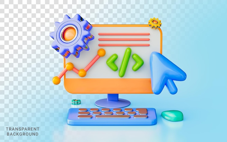 PSD monitor desktop con ingranaggio grafico aziendale codifica cursore del mouse illustrazione 3d impostazione del sito web di profitto