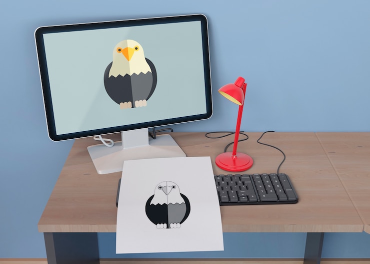 PSD monitor e foglio con disegno dell'aquila